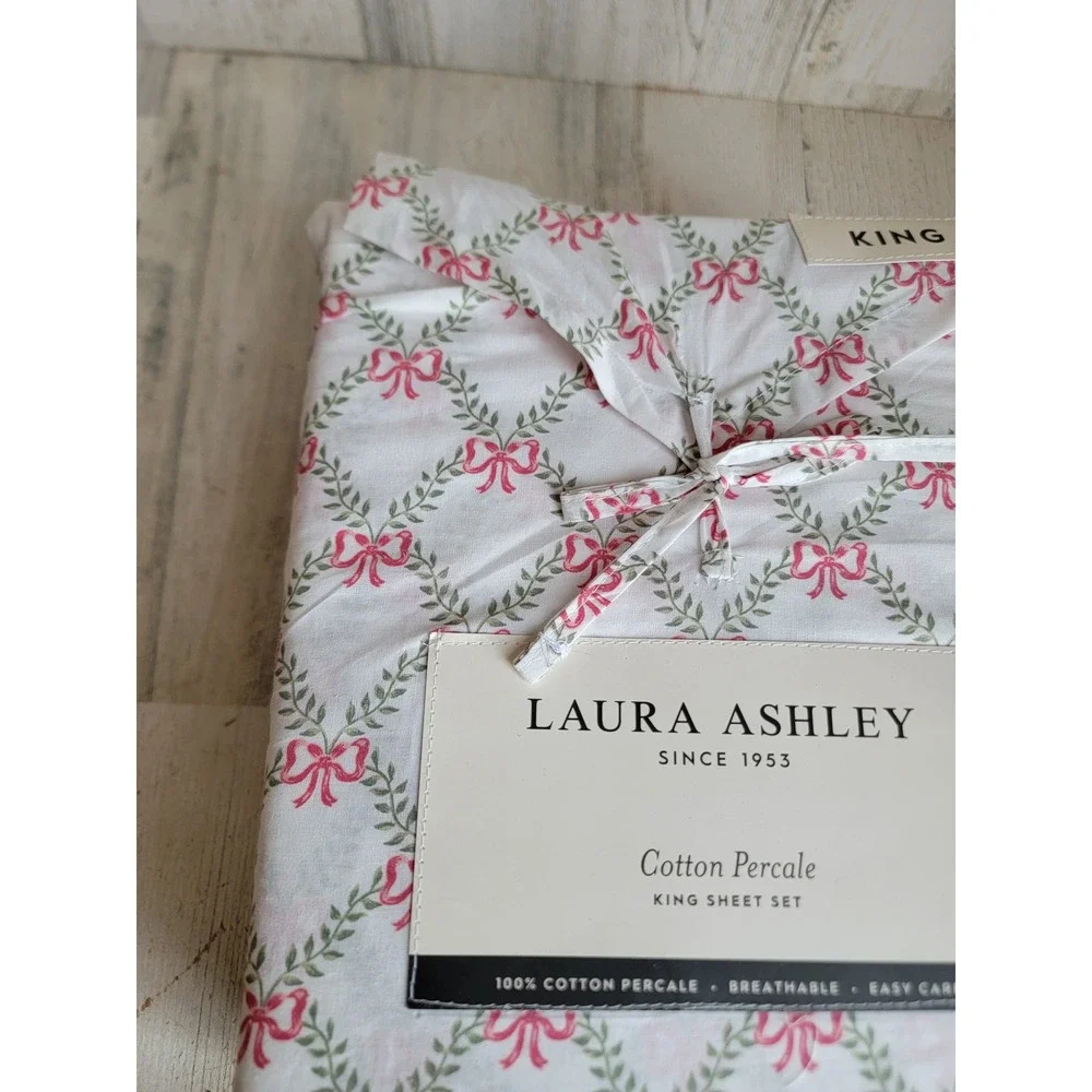 Laura Ashley NEW bow trellis King bedsheet 3pc Xmas‎ home decor holiday